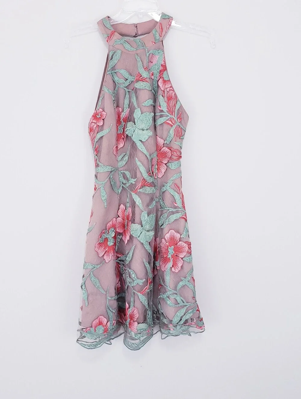 Dress The Population Abbie Floral Halter Dress Skater Coral Beige Lace Medium - Picture 5 of 11